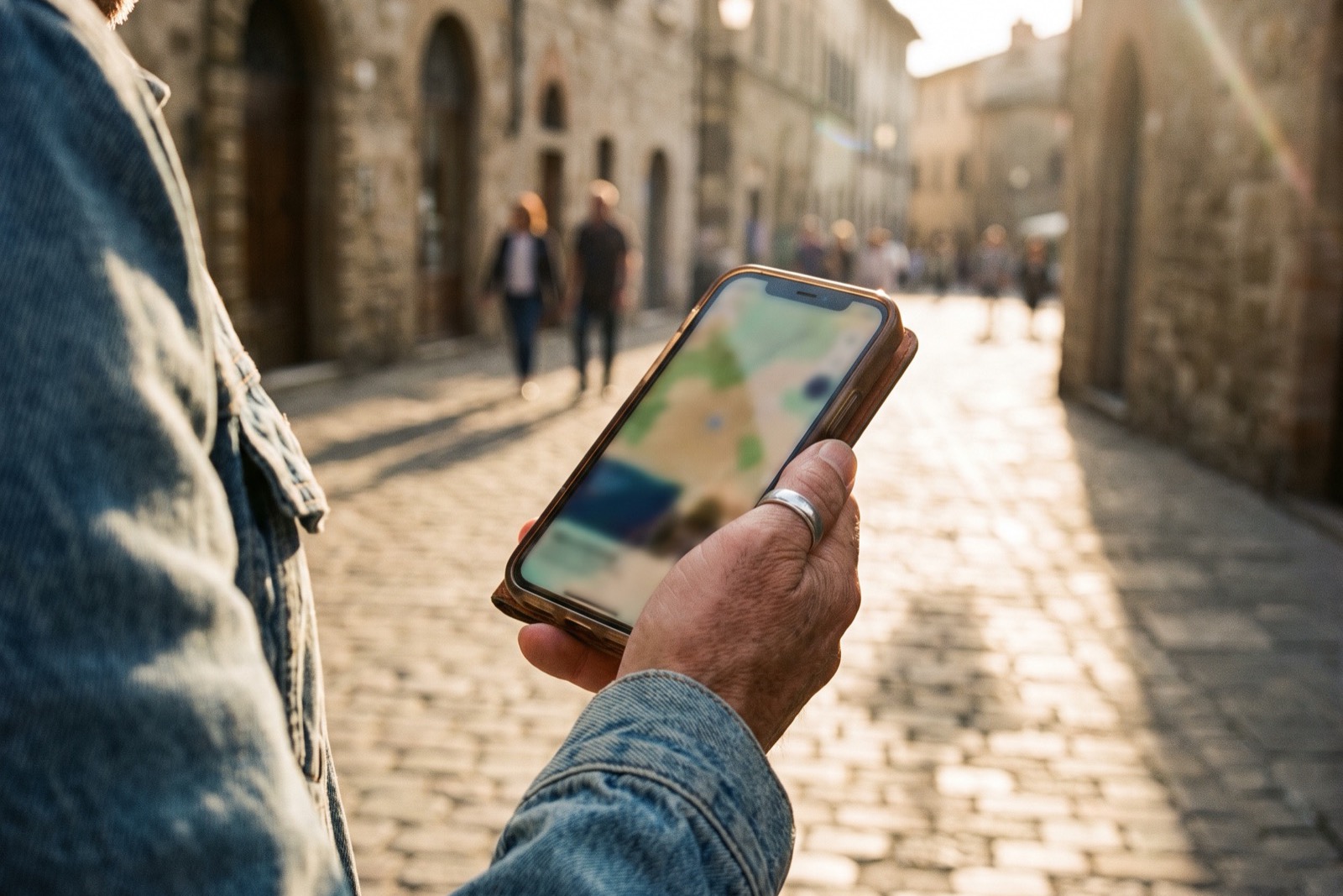 Traveler checking an offline map on a phone while walking down a cobblestoned old-town street.
