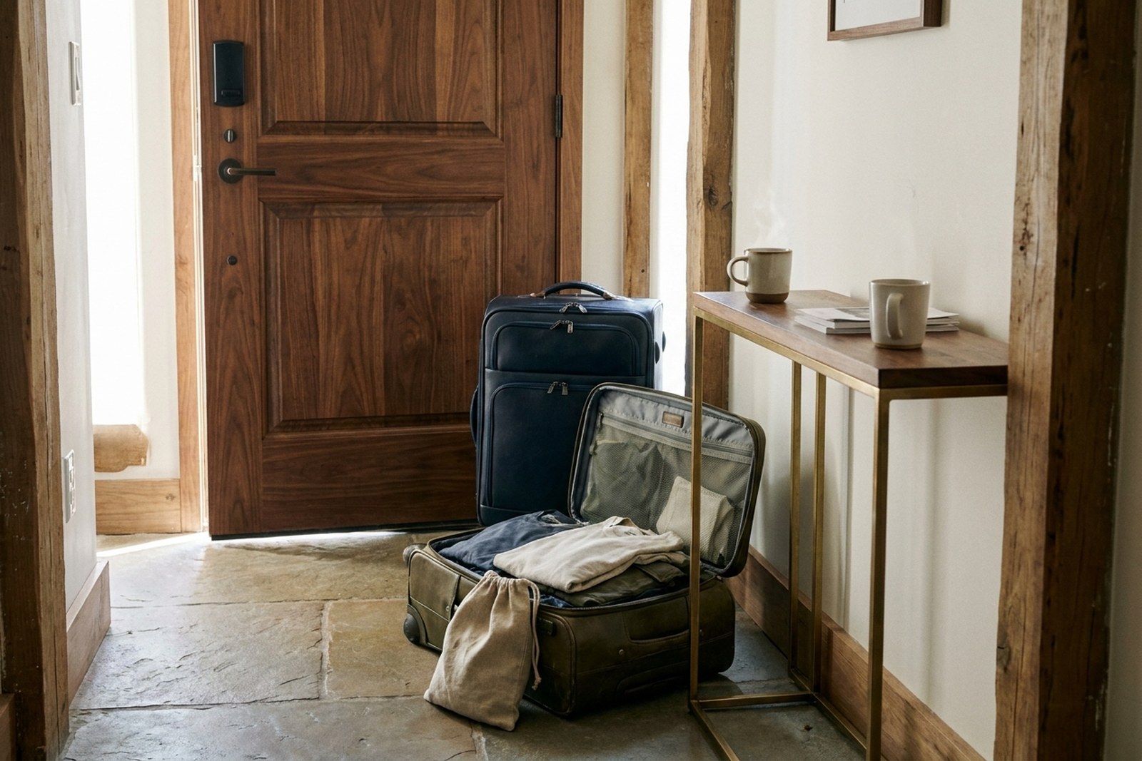 Two rolling suitcases by a doorway, one packed and one half-unpacked, beside two mugs on a console table in soft daylight.