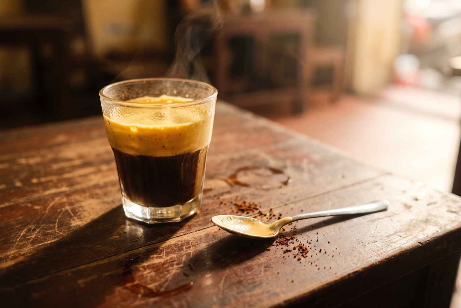 Vietnamese egg coffee with whipped egg-yolk foam floating over dark robusta coffee in a glass.