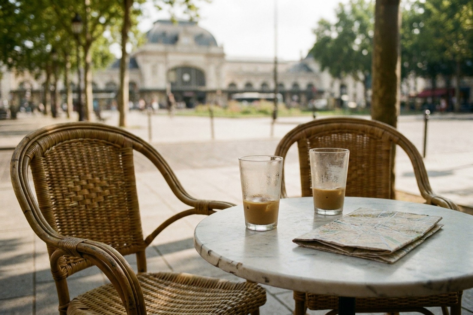 Two half-finished iced coffees on a marble cafe table with two rattan chairs and a folded map in warm daylight.