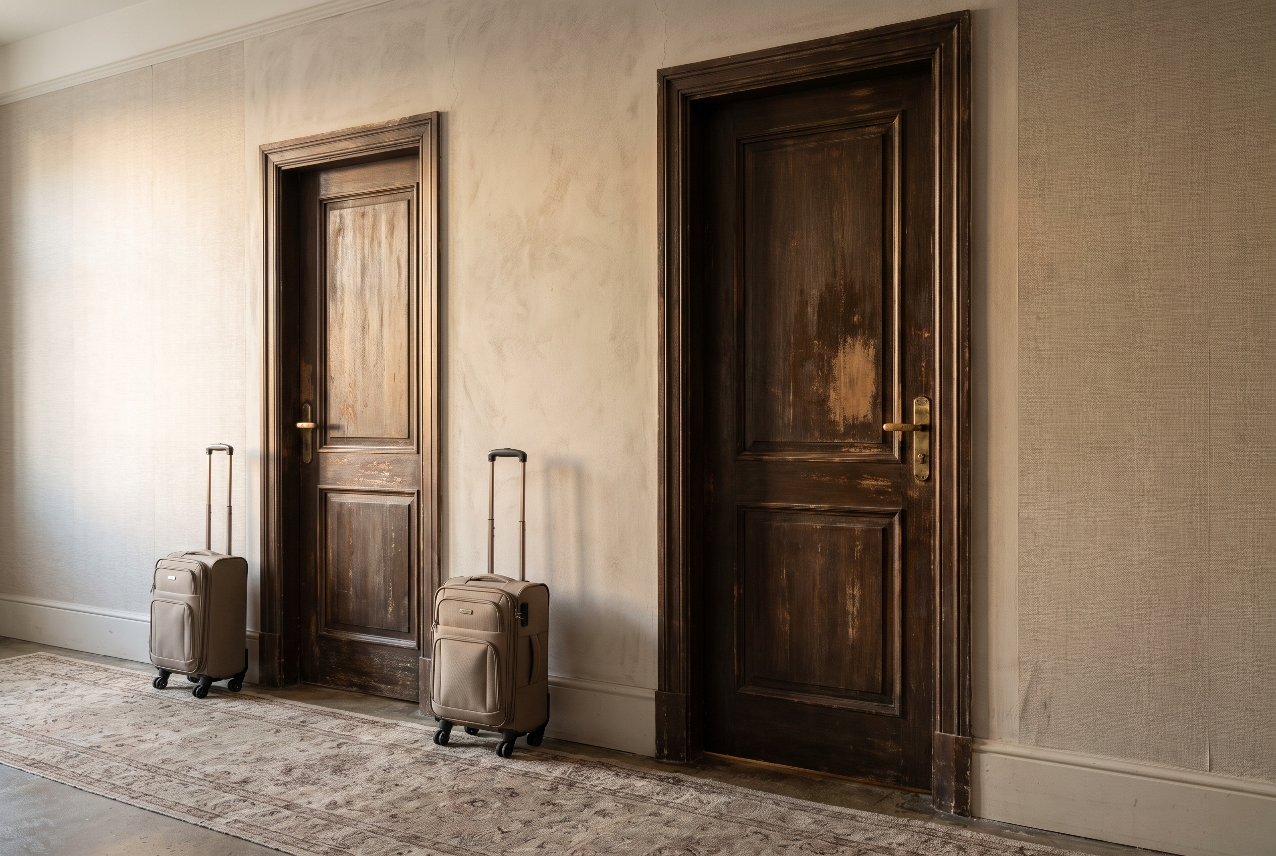 Two small rolling suitcases outside separate hotel-room doors in a quiet corridor lit by morning light.