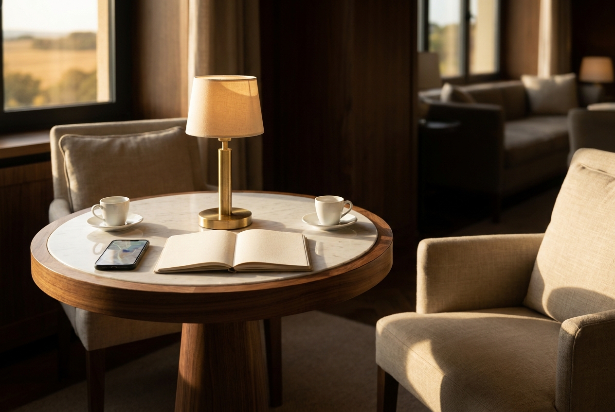A marble-and-walnut table in a luxury hotel lounge with a blank notebook, two espresso cups, and a brass lamp in warm afternoon light.