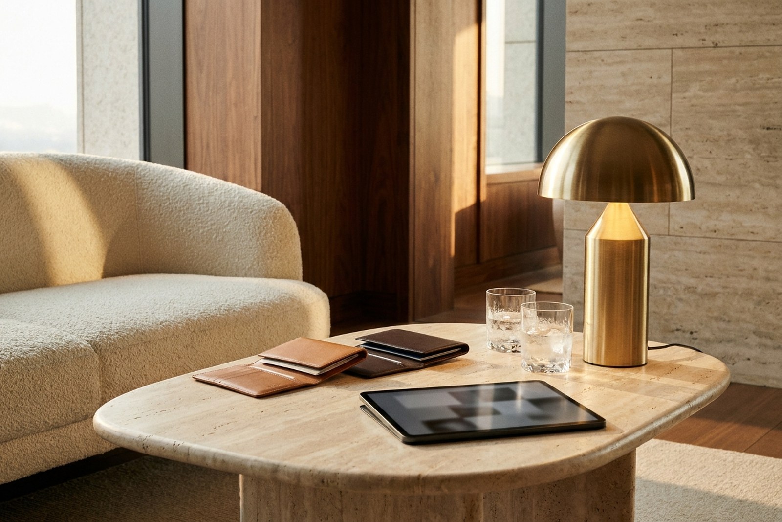 A modern luxury hotel lounge table with leather travel folios, brass lamp light, and stone surfaces arranged for trip planning.