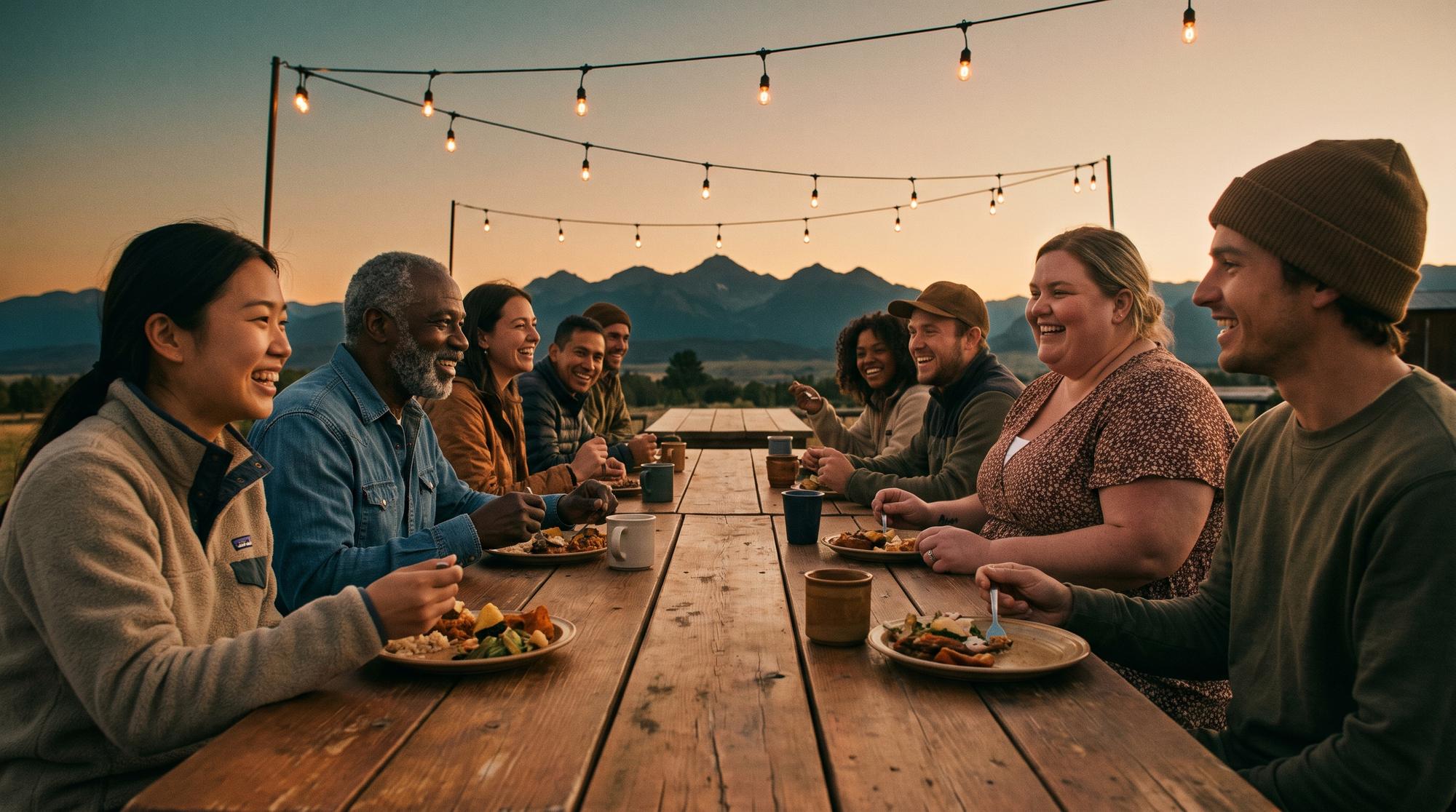 Travellers sharing a long outdoor dinner table at dusk