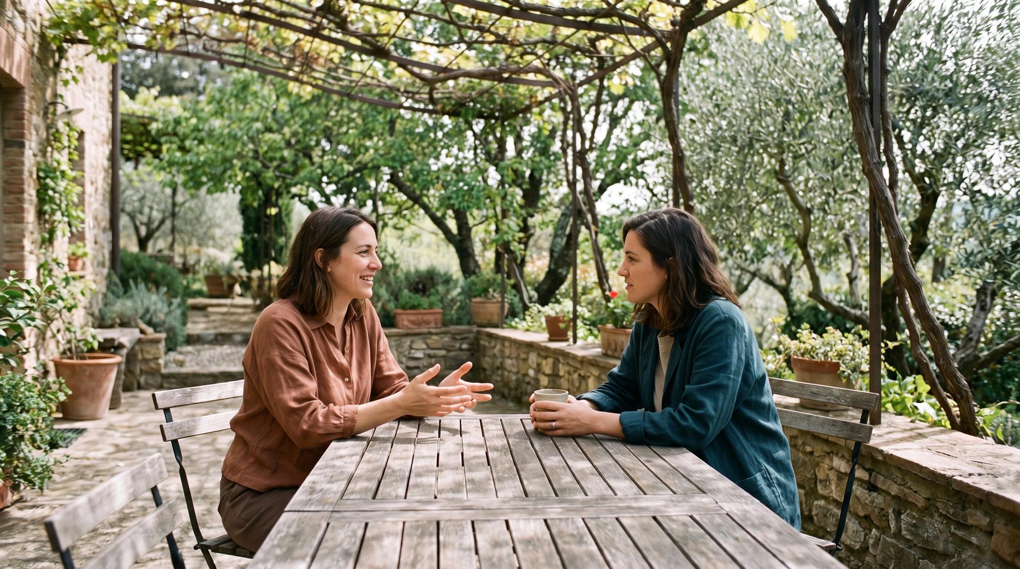 Two travellers talking on a shaded garden terrace